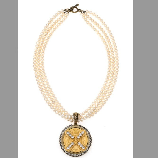 Triple Strand Pearl with Austrian Crystal Cuvee B Medallion Necklace