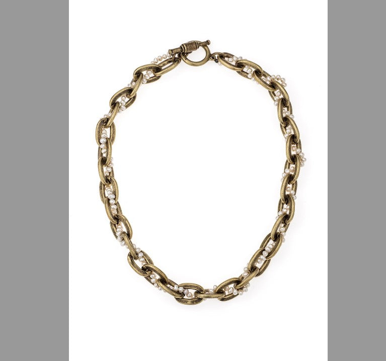 Woven Micro Pearl Brass Lourdes Chain Necklace