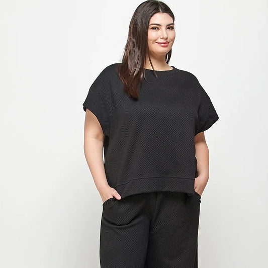 Textured Black Short Sleeve Sweatshirt Lounge Wear (Plus Size)