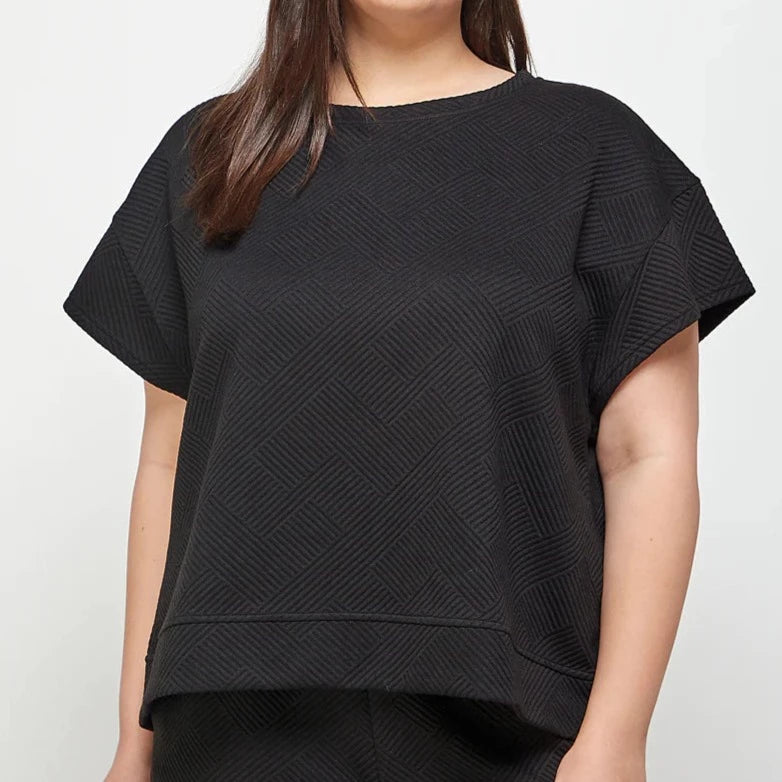 Textured Black Short Sleeve Sweatshirt Lounge Wear (Plus Size)