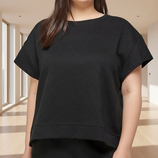 Textured Black Short Sleeve Sweatshirt Lounge Wear (Plus Size)
