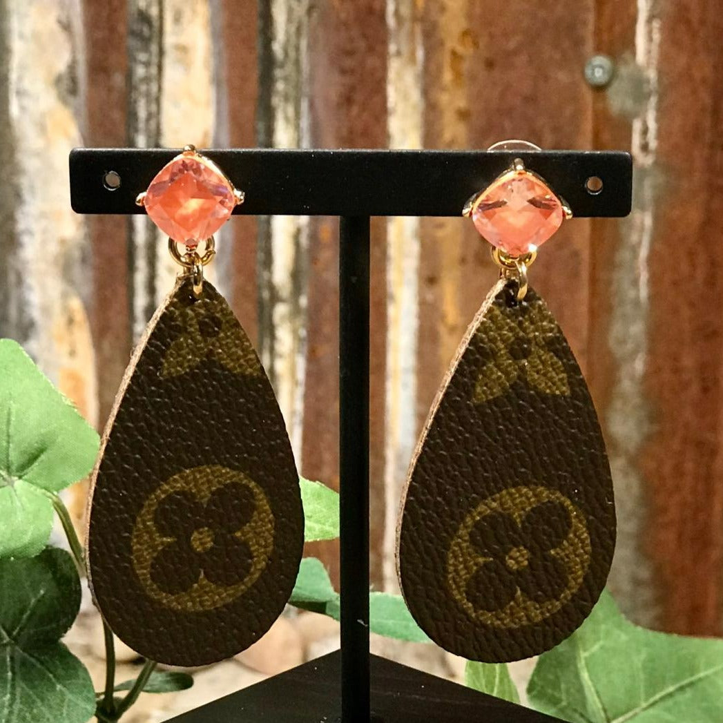 Brown LV Leather Teardrop & Apricot Crystal Stone Earrings – The