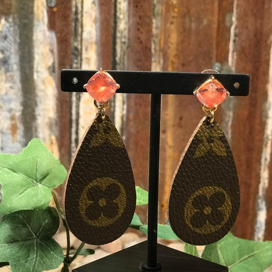 Brown LV Leather Teardrop & Apricot Crystal Stone Earrings