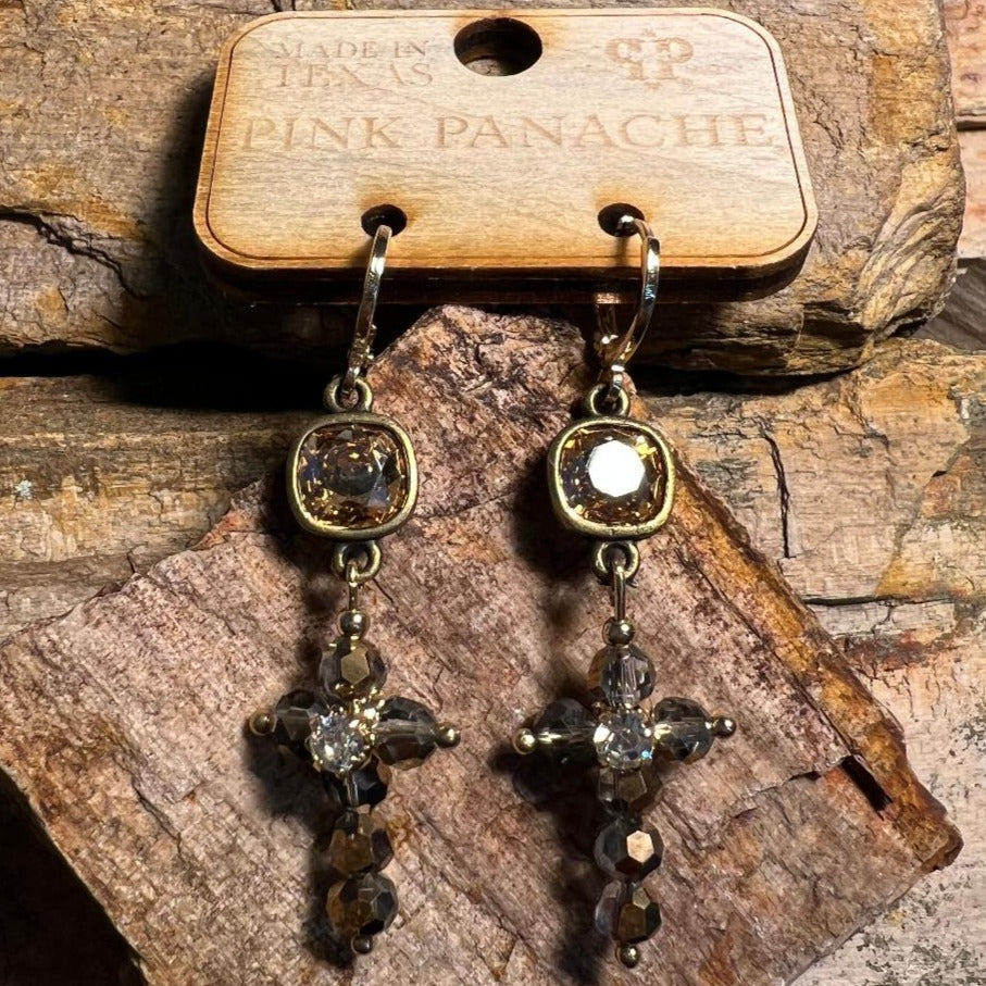 Sparkly Light and Dark Champagne Drop Cross Earrings