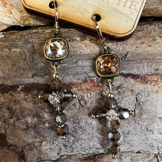 Sparkly Light and Dark Champagne Drop Cross Earrings