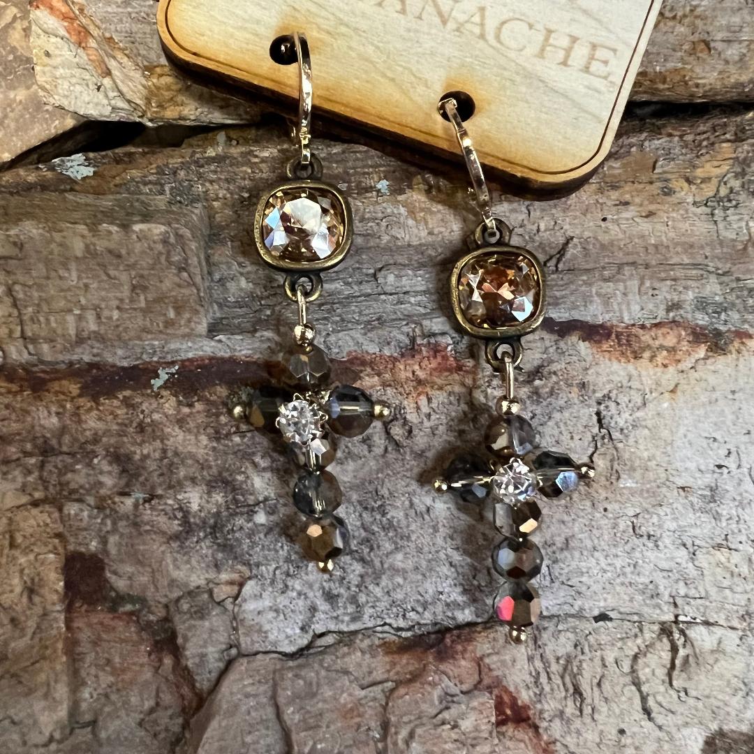 Sparkly Light and Dark Champagne Drop Cross Earrings