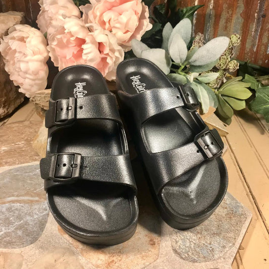 Floatie Buckle Slip on Sandals - Black Metallic