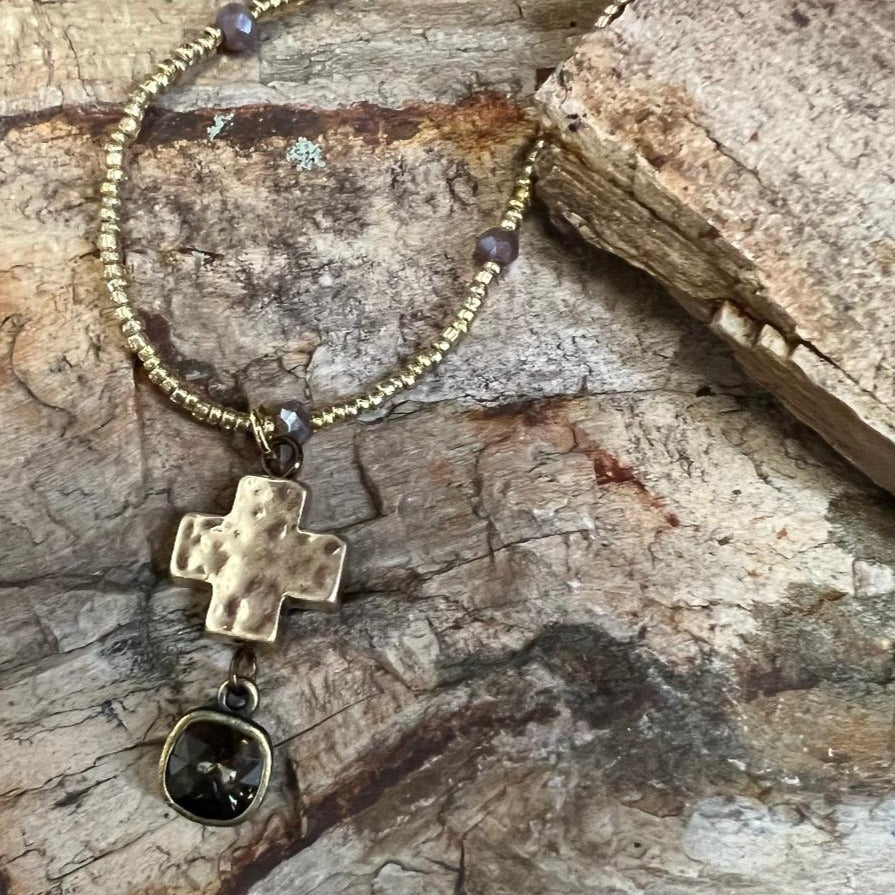 Neutral Bead Gold and Bronze Cross Necklace