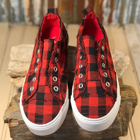 Babalu Casual Slip On Red and Black Buffalo Check Sneakers