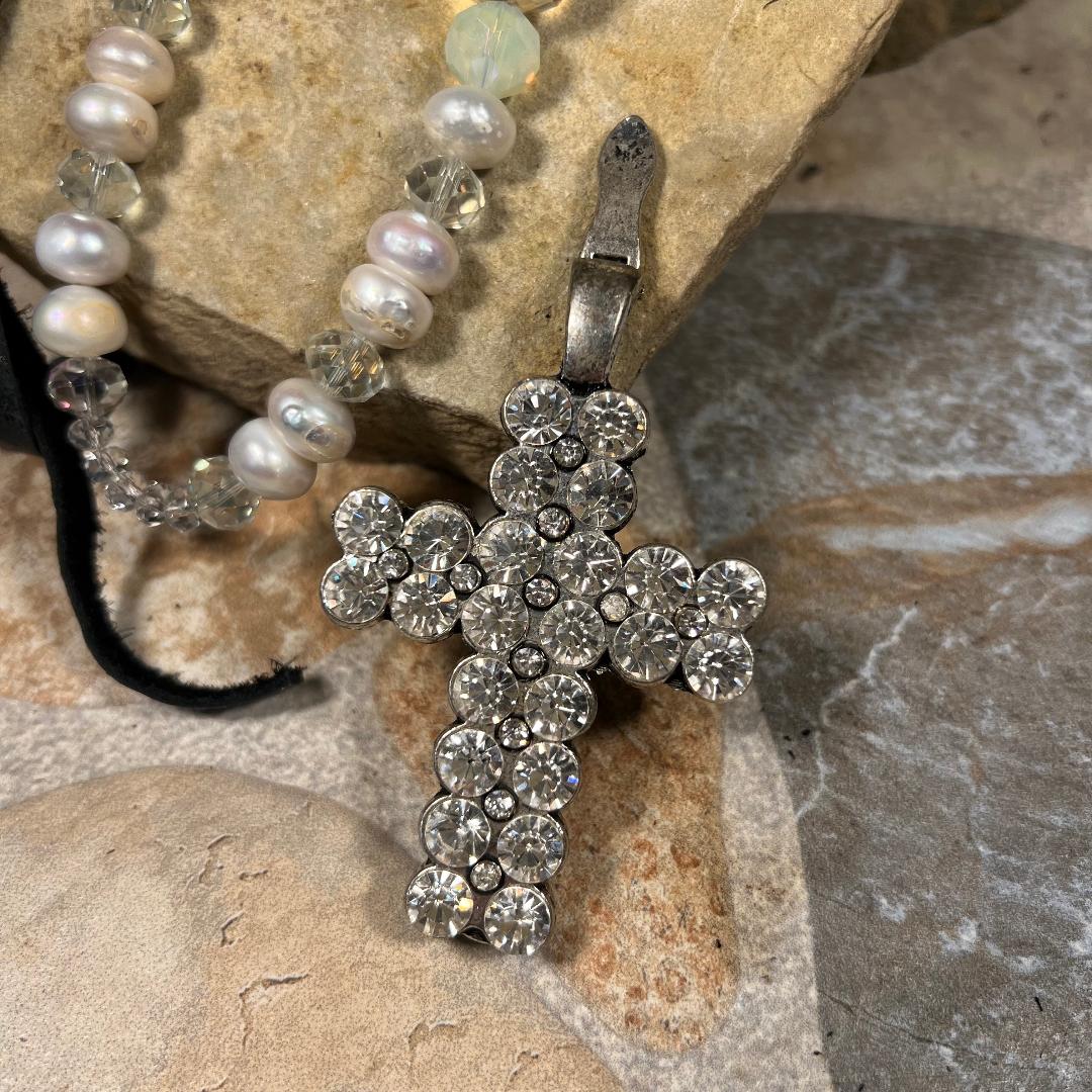 Crystal Cross Pendant, Multi White Pearl Bead & Black Leather Necklace