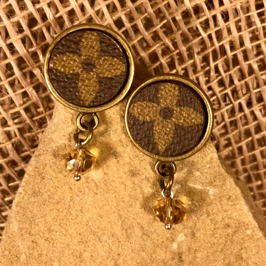 Round Brown Up LV Leather & Aged Brass Studs w/ Champagne Crystals