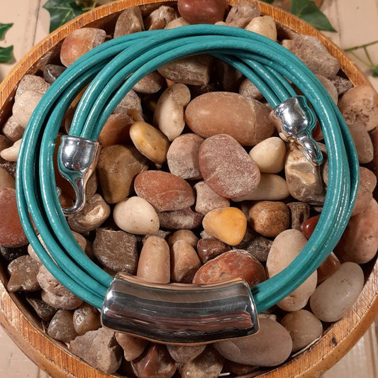 Teal Leather with Silver Long Bead Necklace