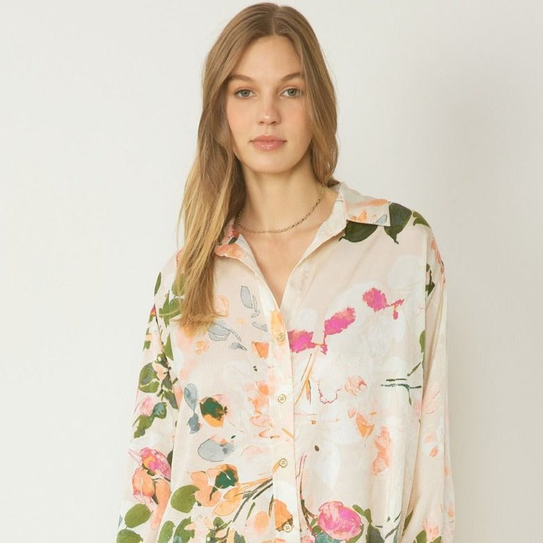 Satin Ecru Floral Print Collared Button Up Shirt