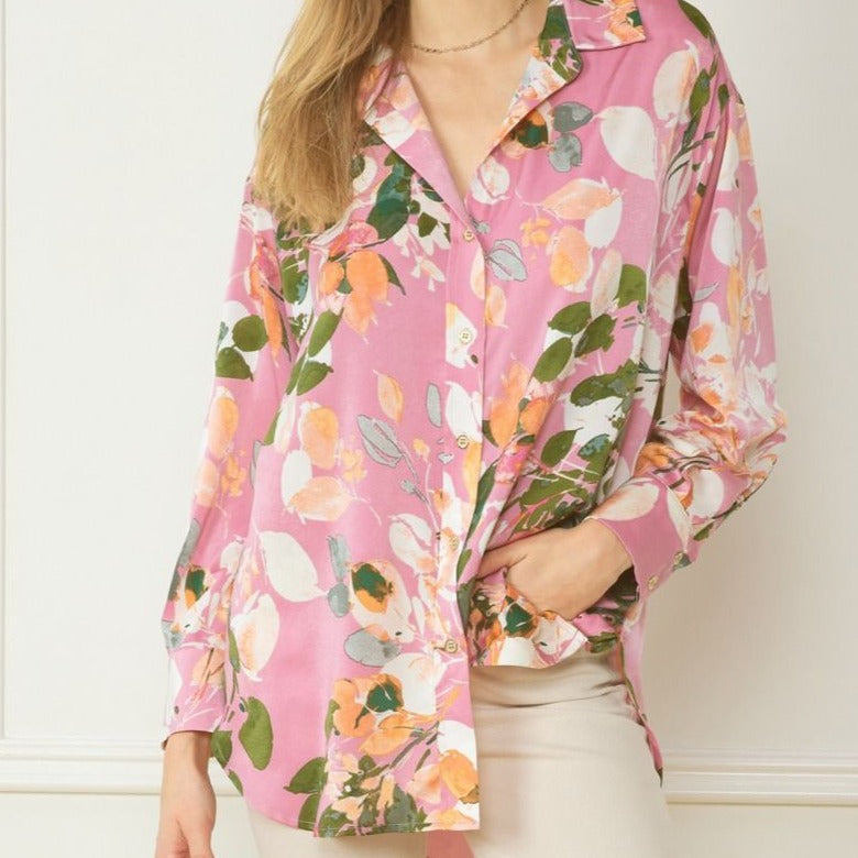 Satin Floral Print Collared Button Up Shirt