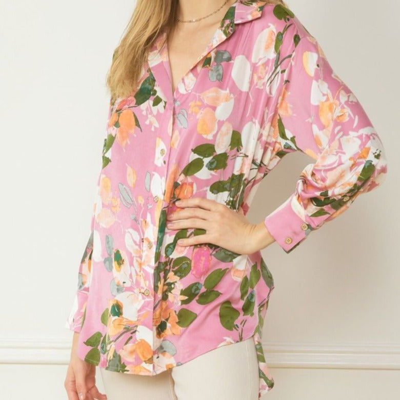 Satin Floral Print Collared Button Up Shirt