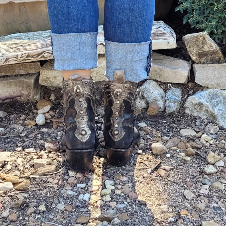 Fara Mossil Black Leather Studded Ankle Boot