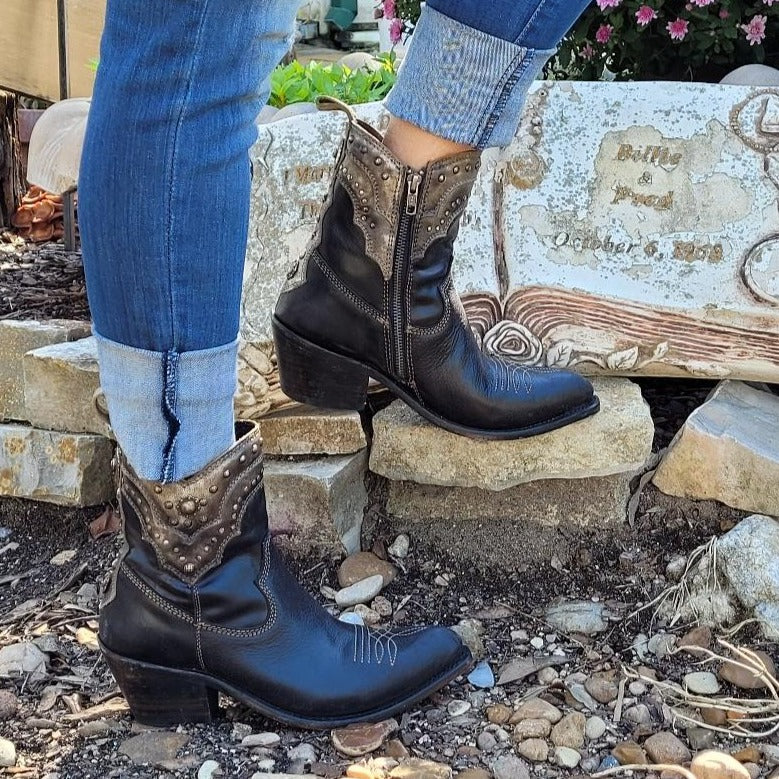 Fara Mossil Black Leather Studded Ankle Boot