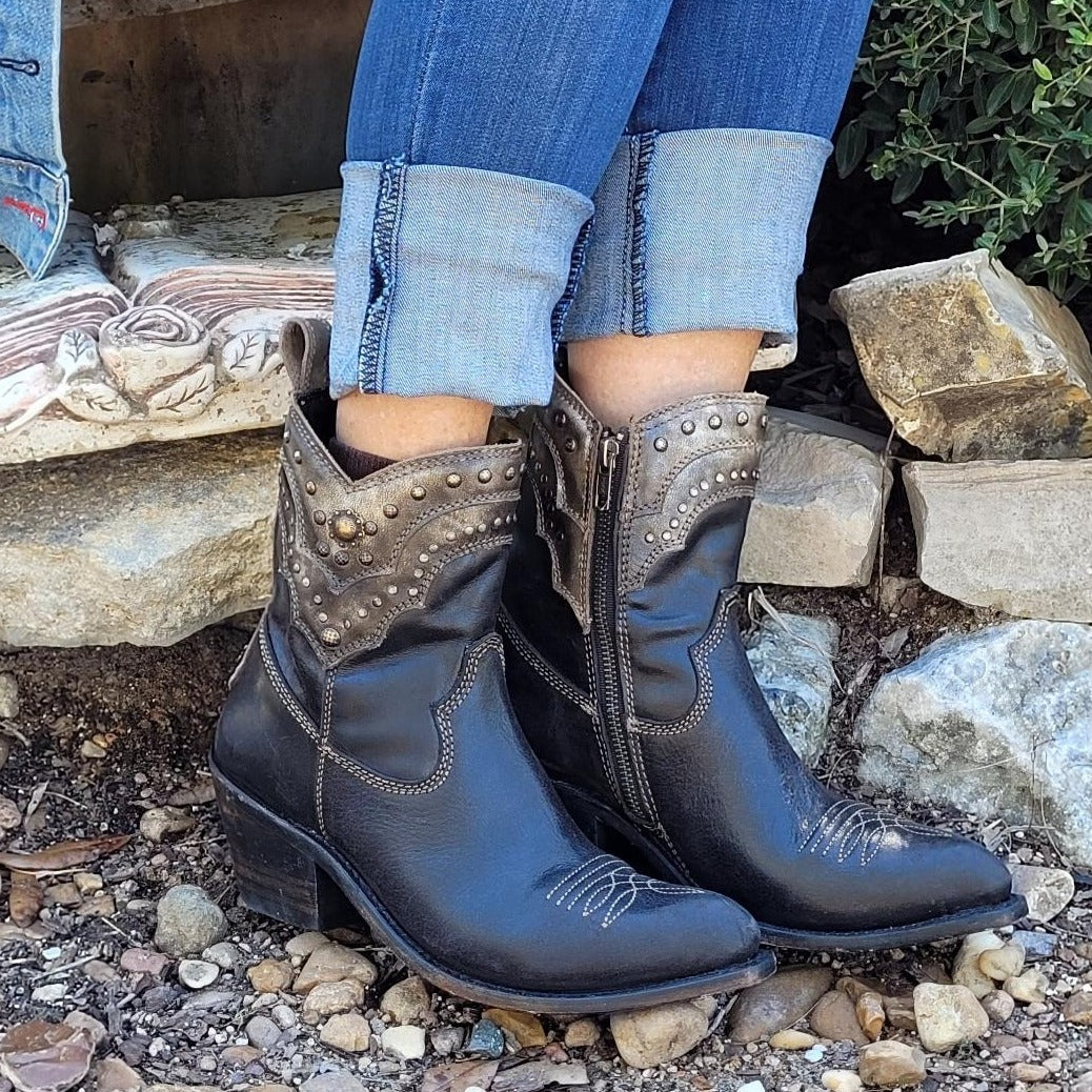 Fara Mossil Black Leather Studded Ankle Boot