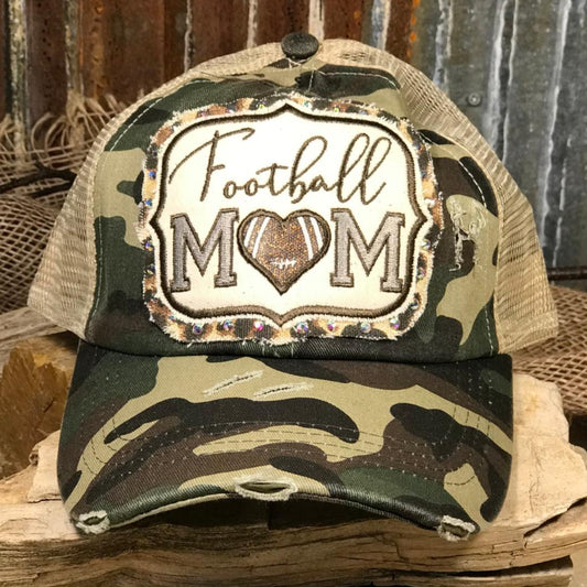 Camo Rhinestone Sparkle Embroidered Football Mom Cap
