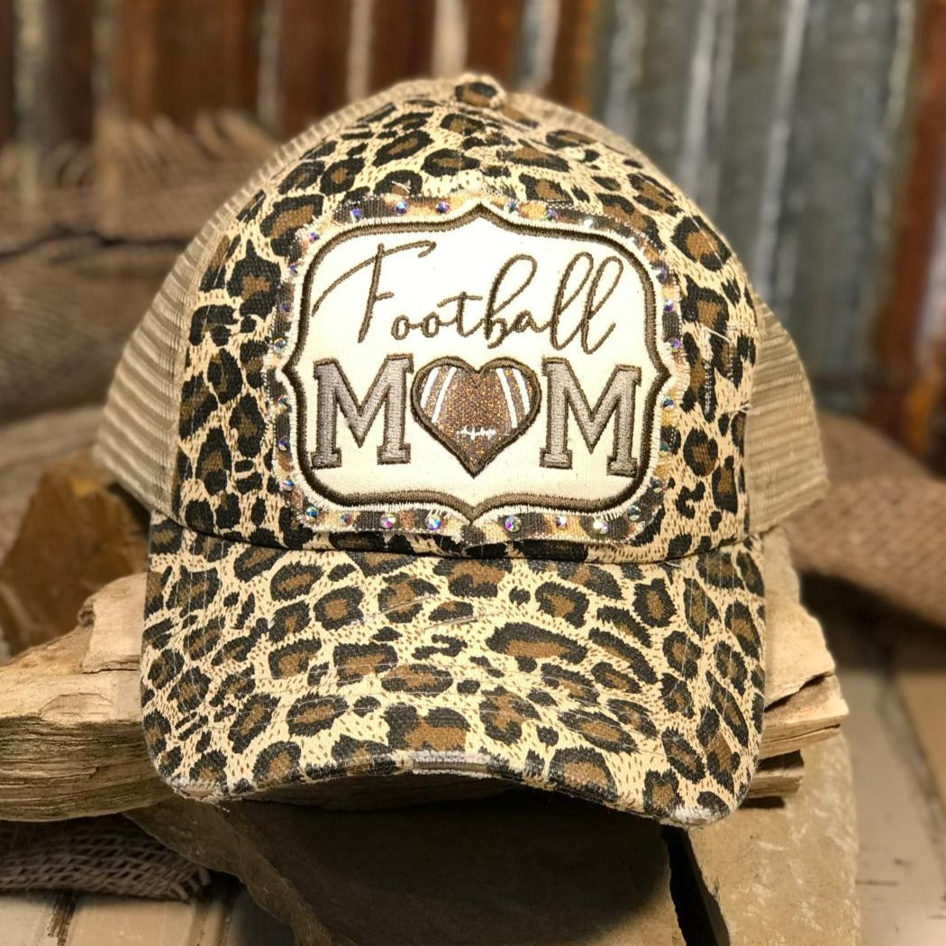 Leopard Rhinestone Embroidered Football Mom Cap