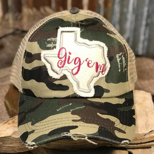 Camo Rhinestone Sparkle Embroidered Gig'em TX Patch Cap