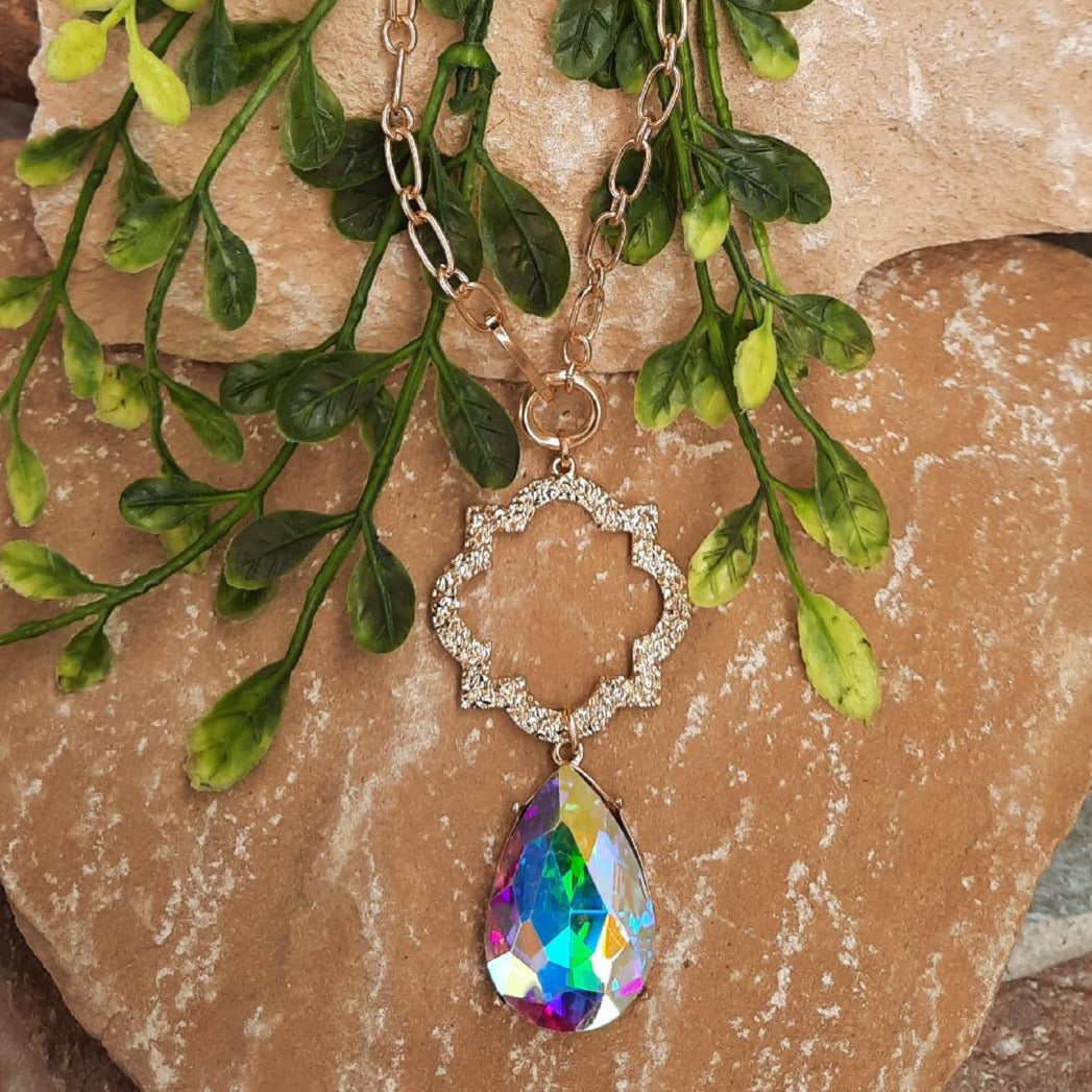 Iridescent Tear Drop Crystal on Gold Chain Necklace
