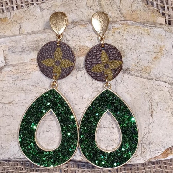 Green Glitter and Gold  “Up LV” Teardrop Earrings