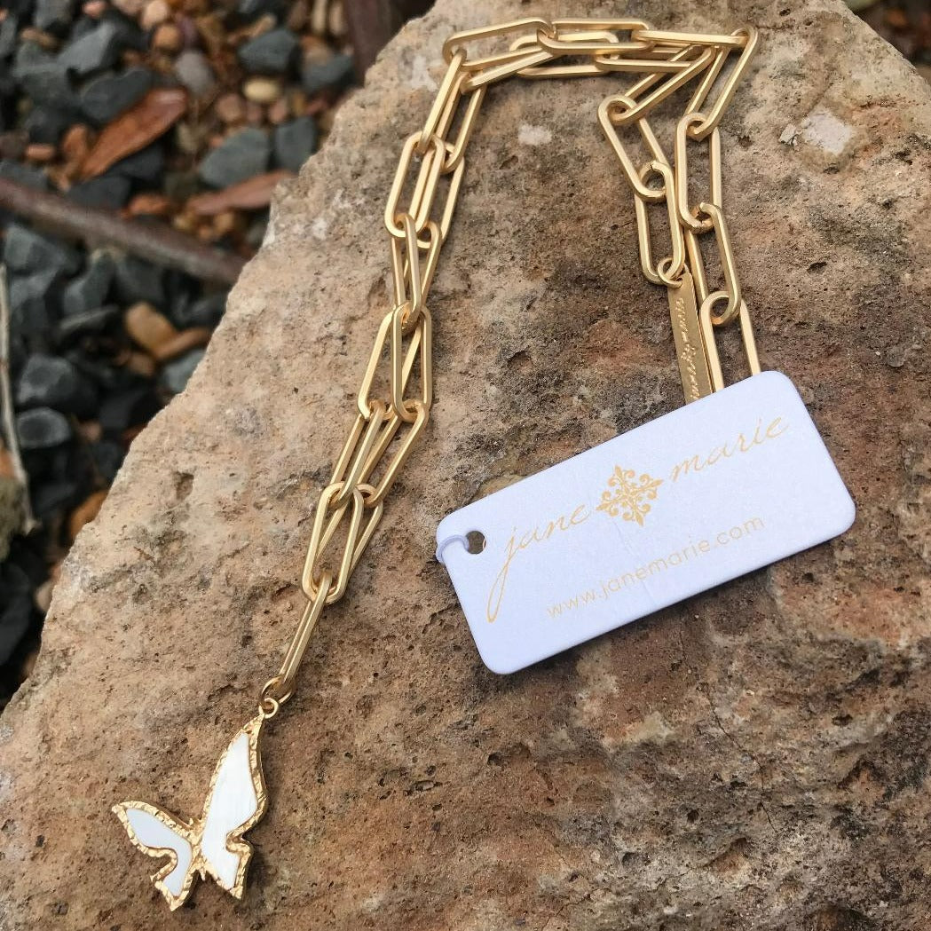 Gold Chain Link White Shell Butterfly Charm Necklace