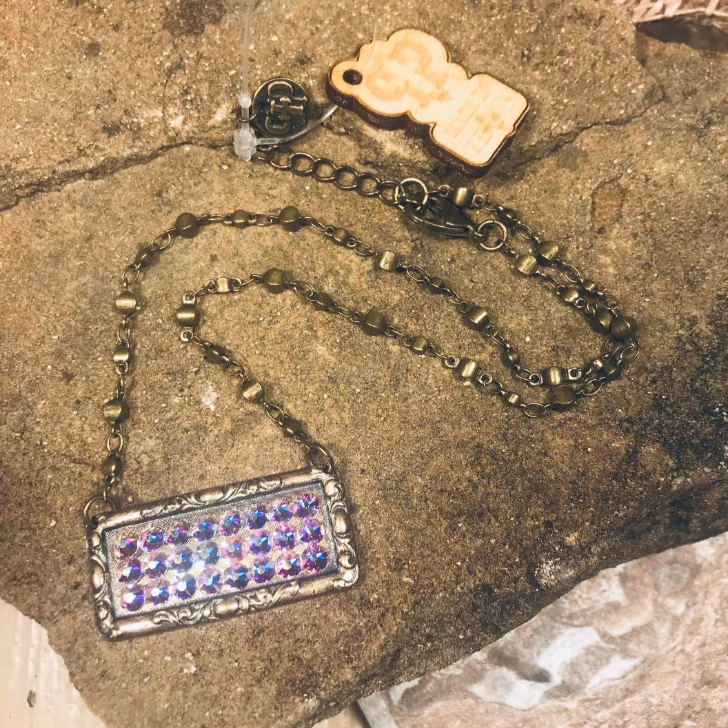 Rectangle Bronze Pendant with AB Crystals