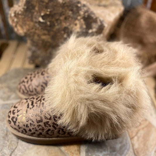 Leopard Frost Taupe Shimmer Cozy Booties