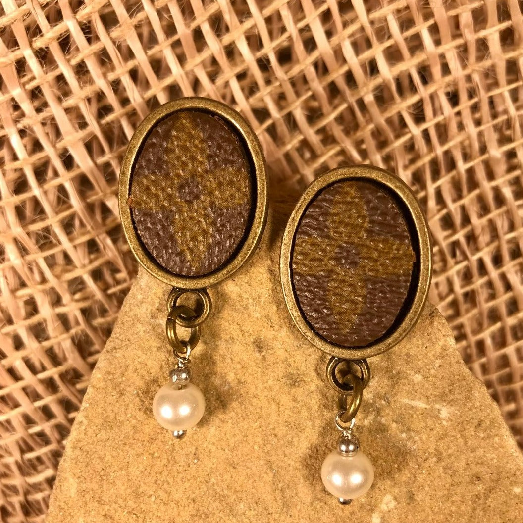 Oval Brown  Up LV Leather & Aged Brass Studs w/ White Pearl Dangle