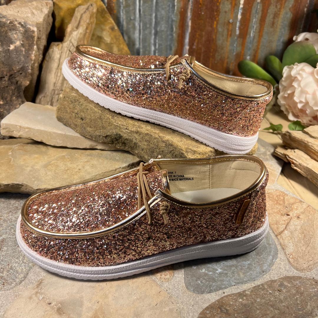 Rose gold glitter slip ons online