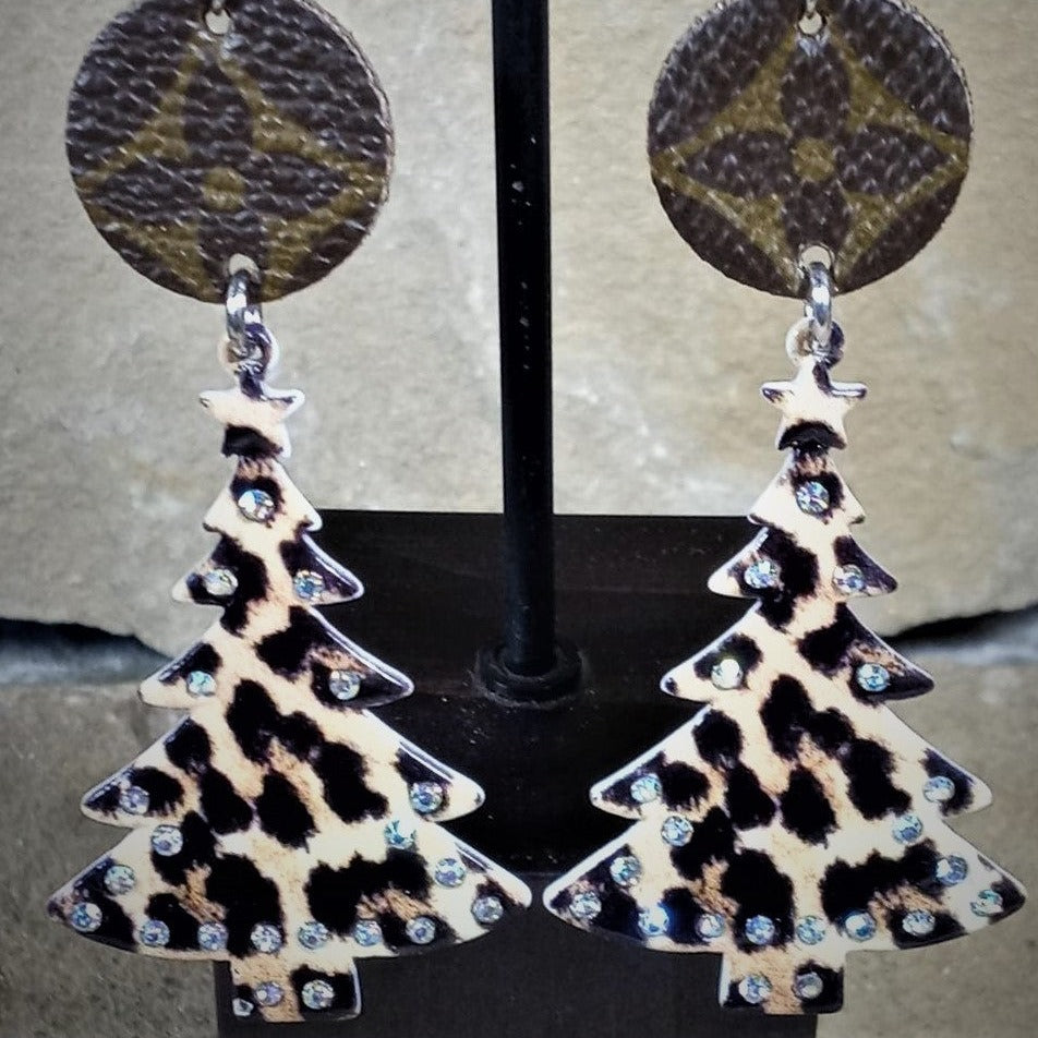 Sassy & Glitzy Rhinestone “Up LV” Christmas Tree Earrings