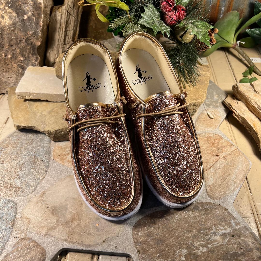 Rose shops gold glitter slip ons