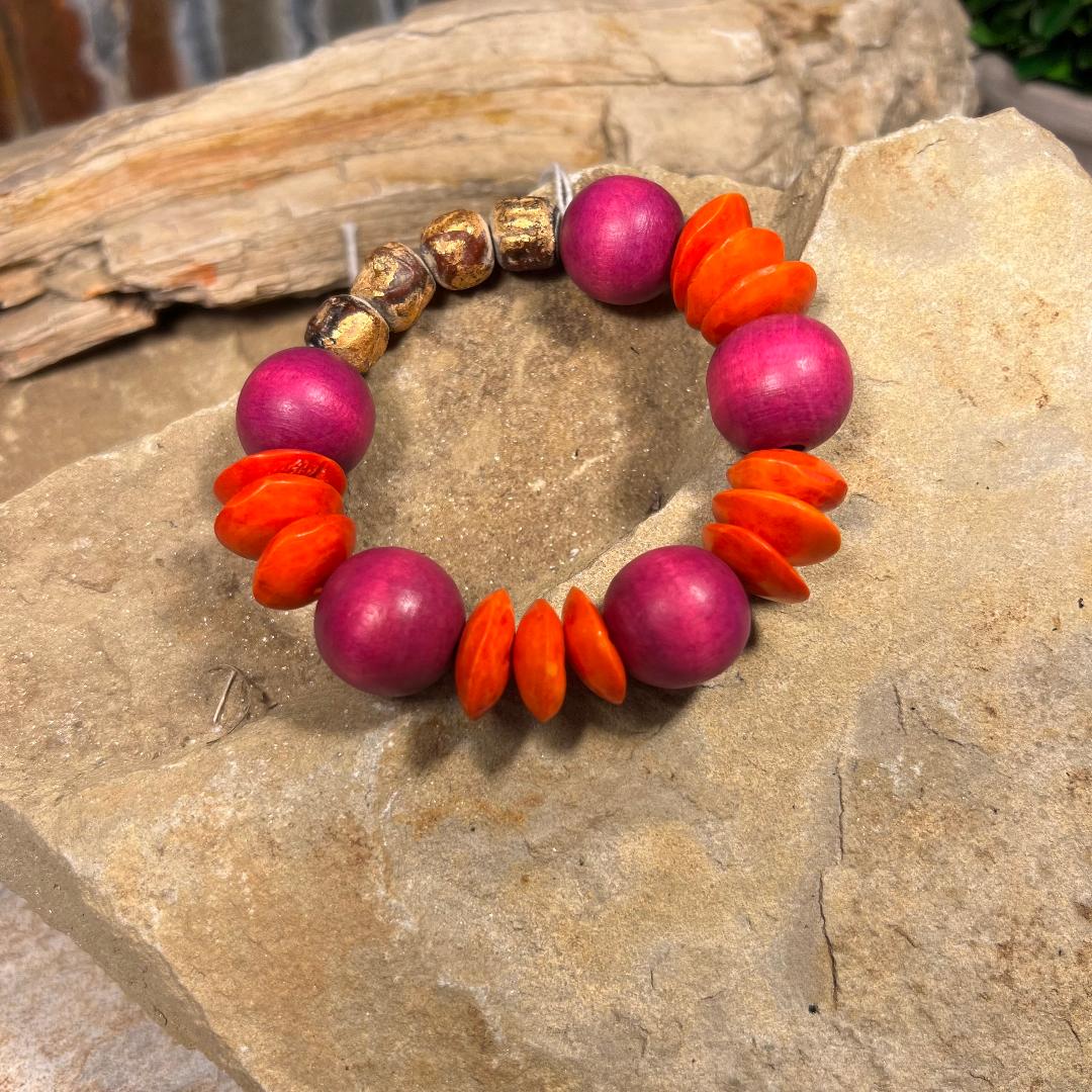Deep Pink, Orange & Neutral Bead Stretch Bracelet