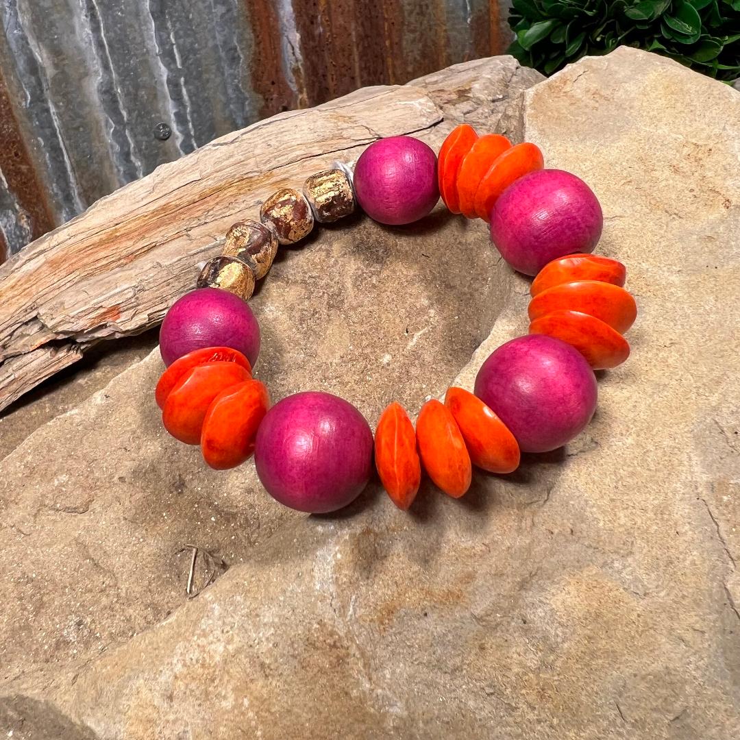 Deep Pink, Orange & Neutral Bead Stretch Bracelet