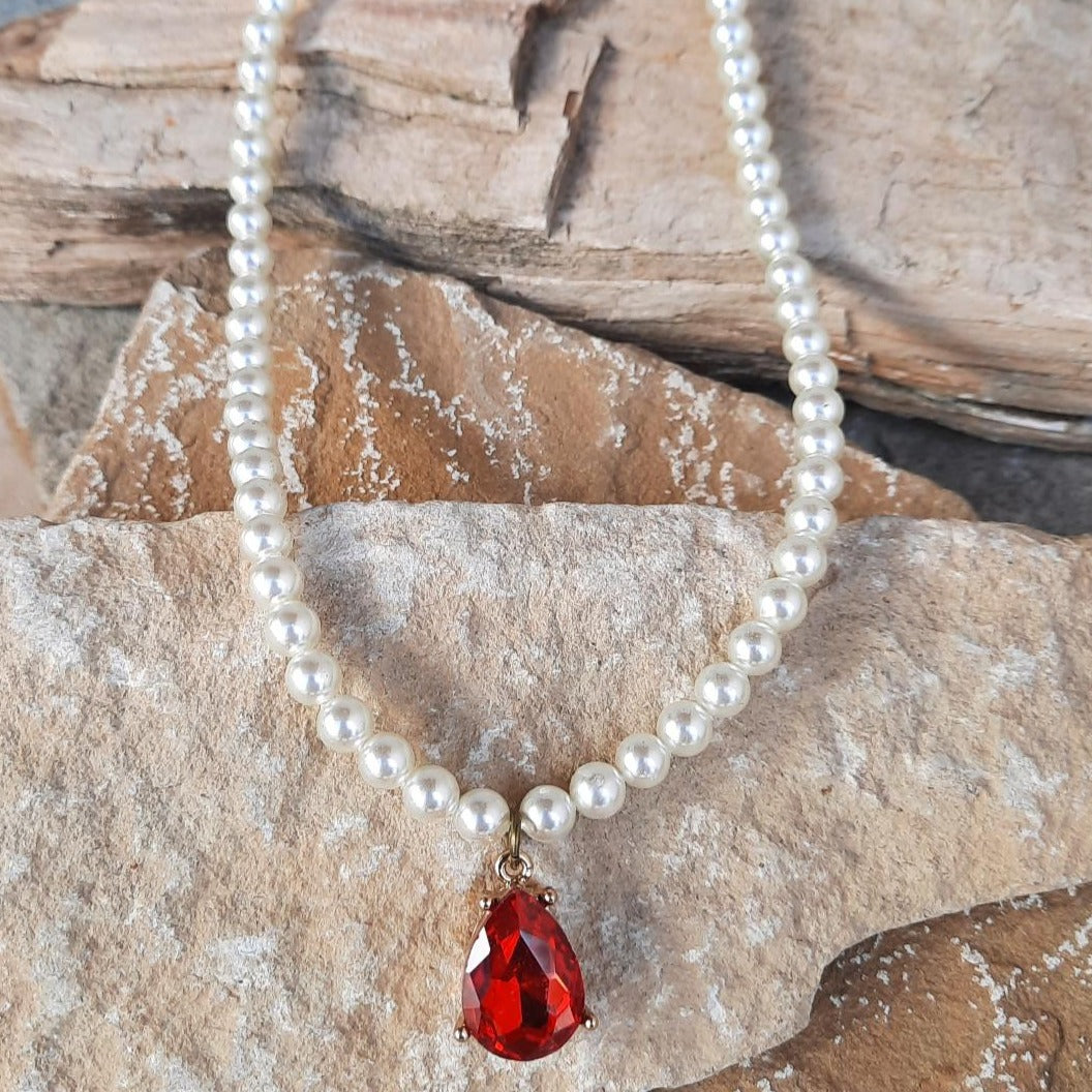 Pearl and Red Teardrop Necklace