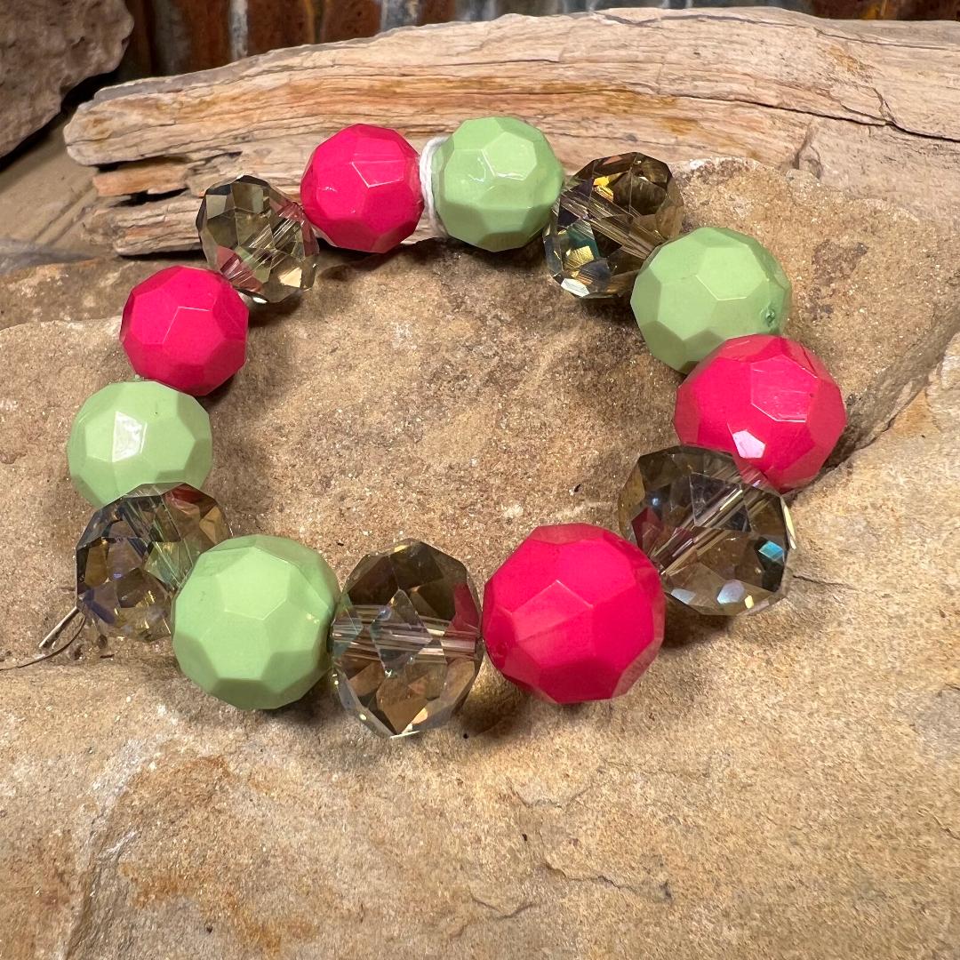 Hot Pink, Lime & Champagne Bead Stretch Bracelet