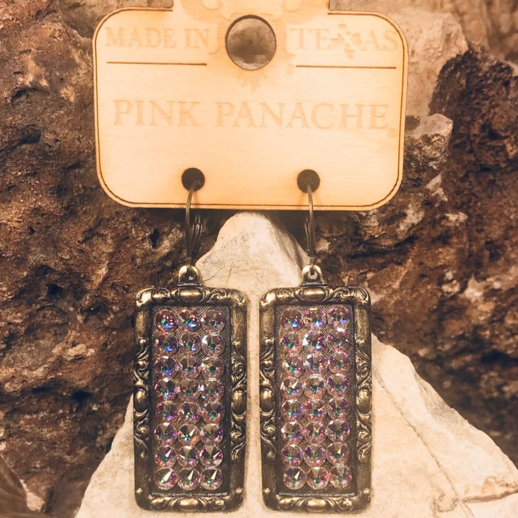 Rectangle Bronze & AB Crystal Earrings