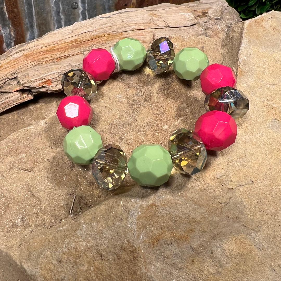 Hot Pink, Lime & Champagne Bead Stretch Bracelet