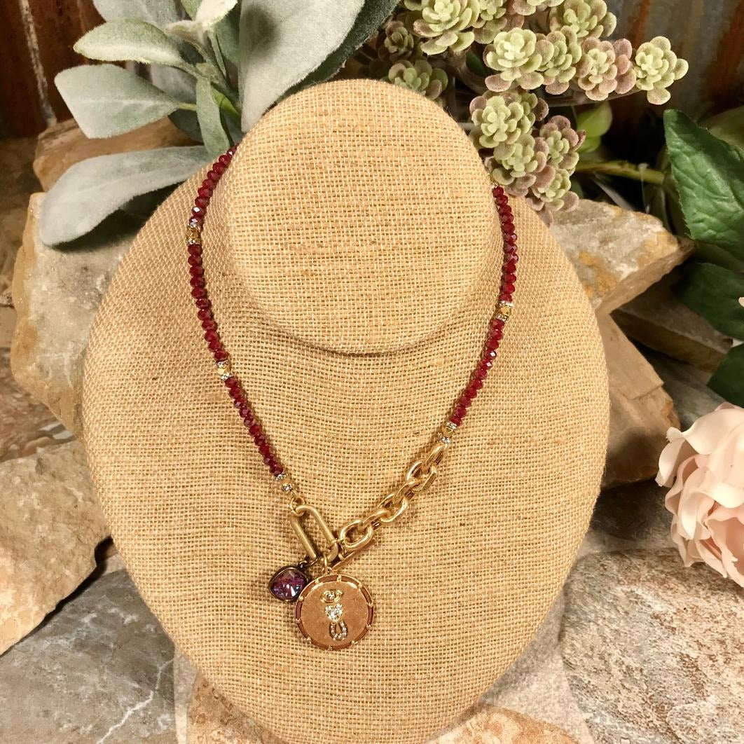 Dark Red Beaded & Crystal Gold Necklace with an “I love U” Charm
