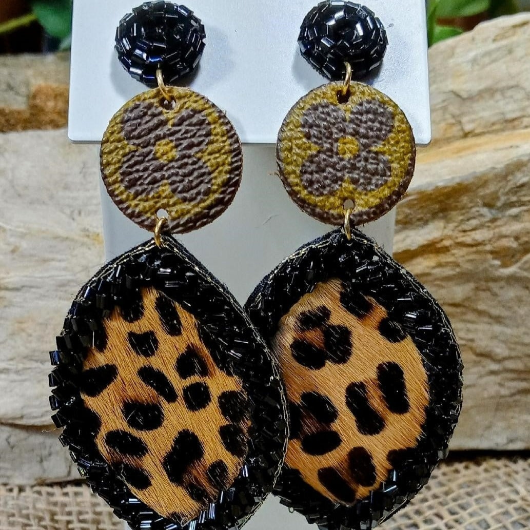 Black Beaded Leopard “Up LV” Teardrop Earrings