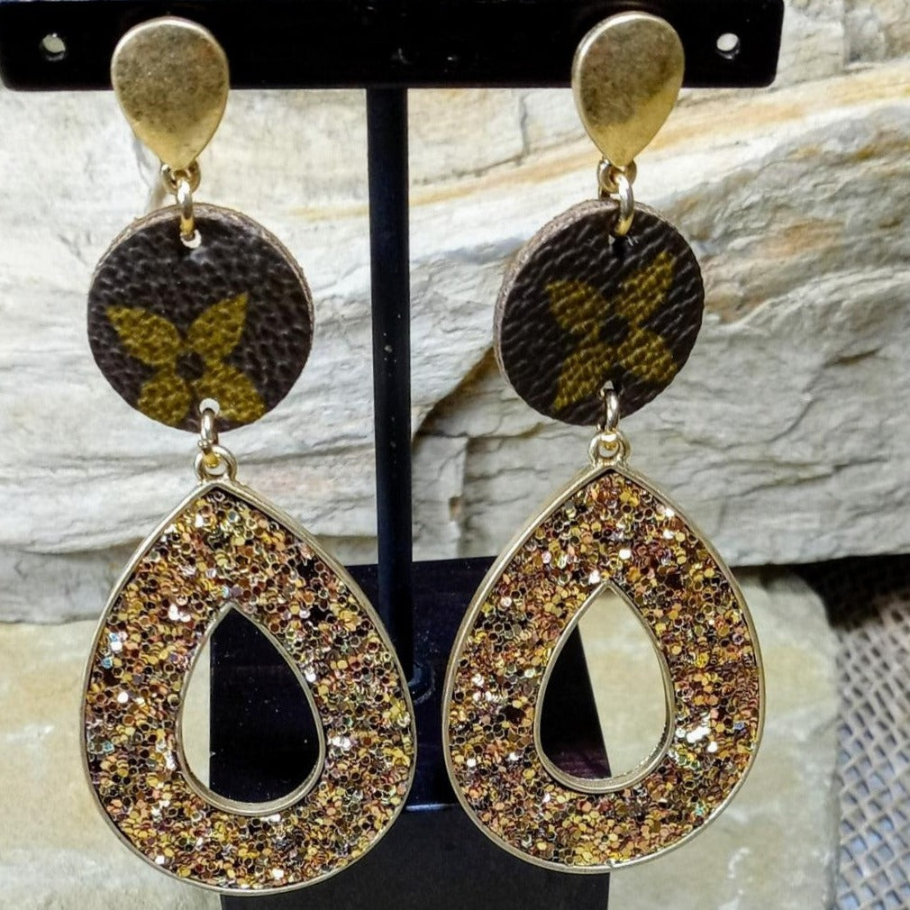 Gold Glitter Teardrop “Up LV” Earrings