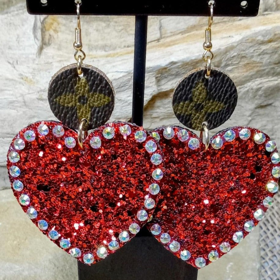 Red Glittered “Up LV” Heart Earrings