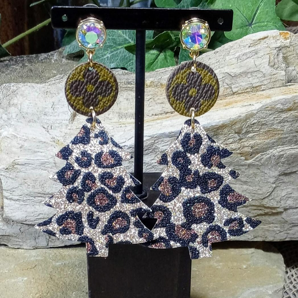 Iridescent Sassy & Glitzy Leopard “Up LV” Glitter Christmas Tree Earrings