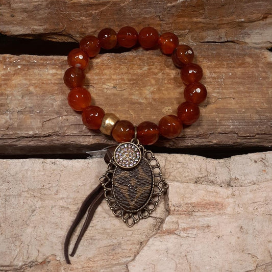 Leather Charm with Gold & Rust Colored Beaded Bracelet