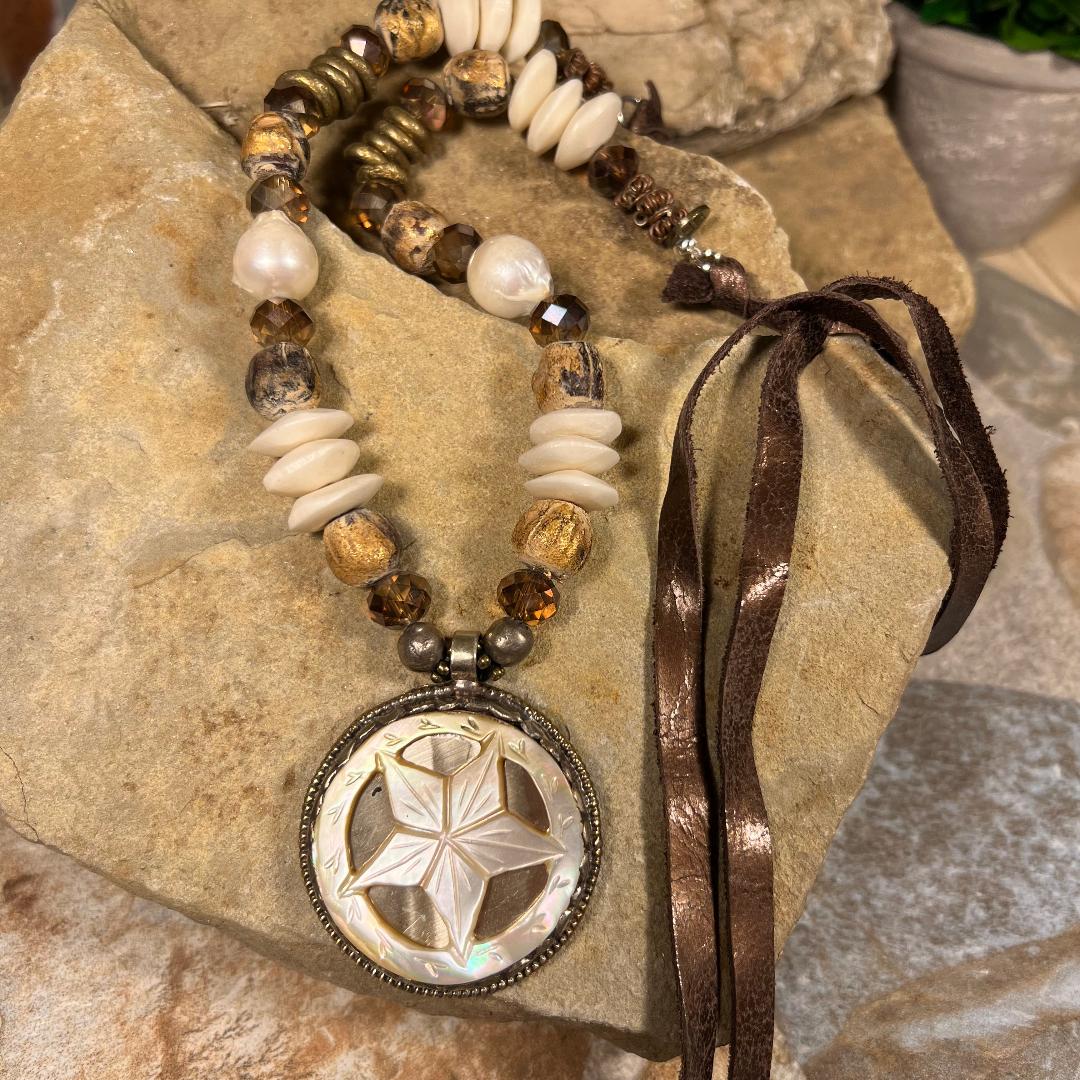 Mother of Pearl Star, Bead and Bronze Brown Leather Necklace....Reversible