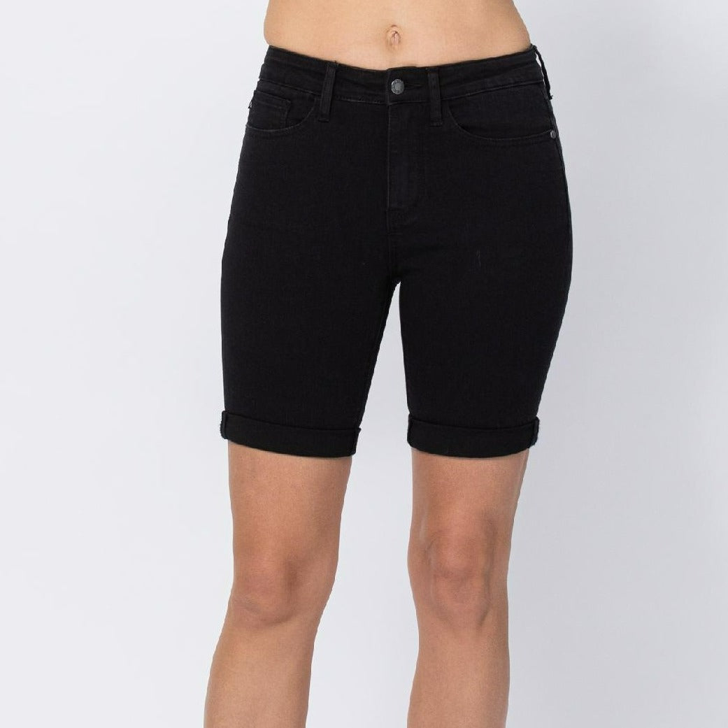 Hi-Rise Black Cuffed Bermuda Shorts