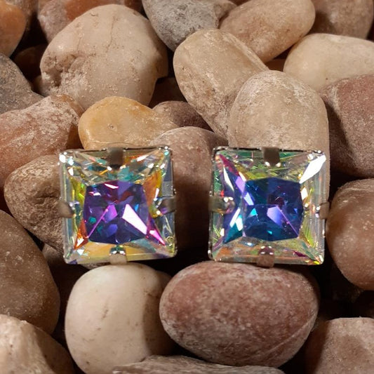 Large Emerald Cut Crystal Studs in Brilliant Iridescent