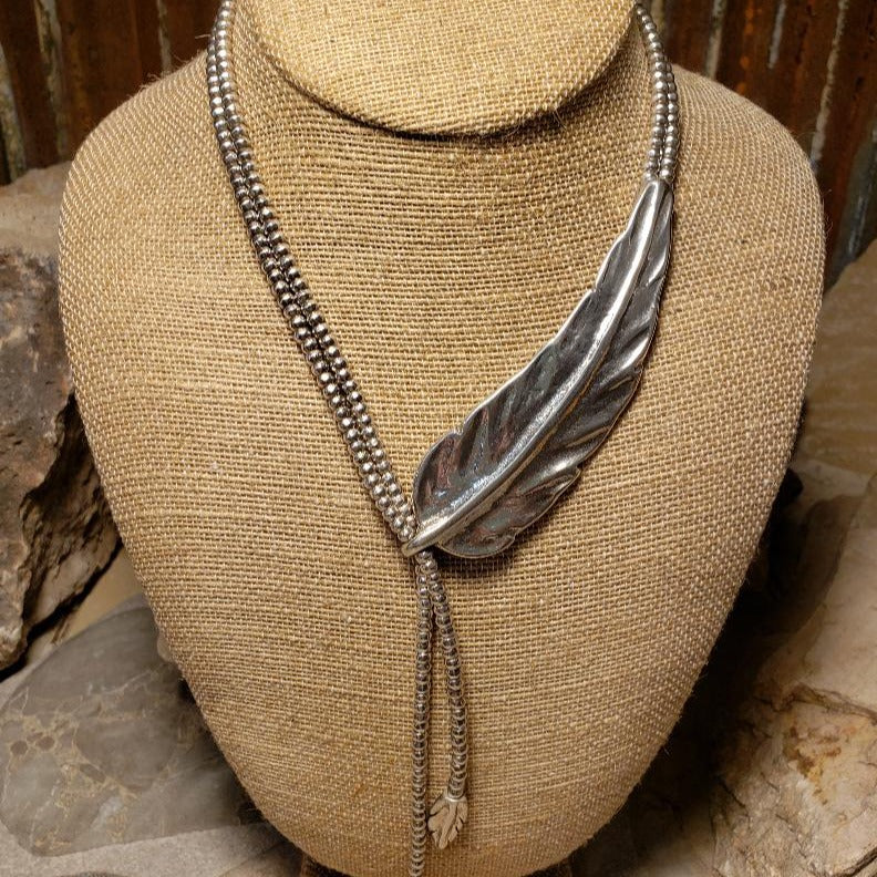 Long Feather Silver Necklace